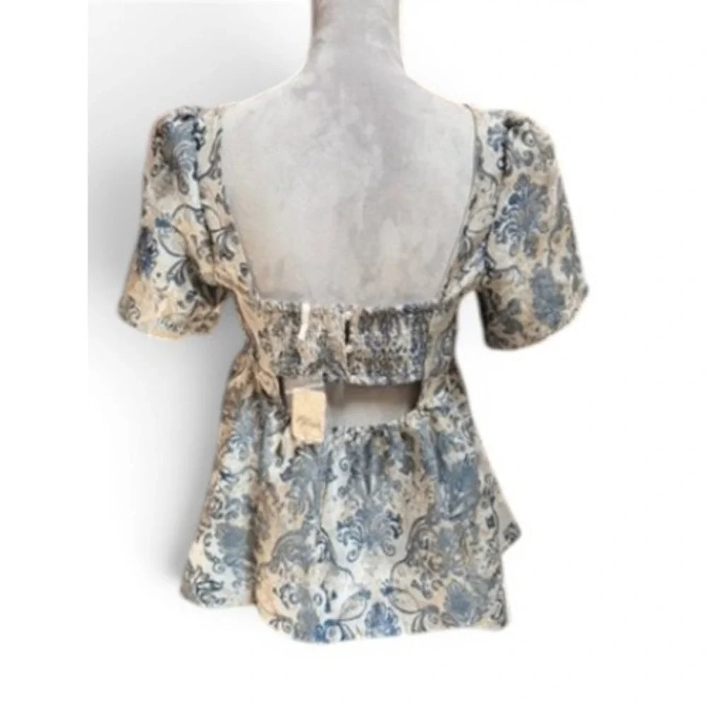 Free People Top Womens S Blue Eloise‎ Jacquard Peplum Blouse Square Neck Brocade
